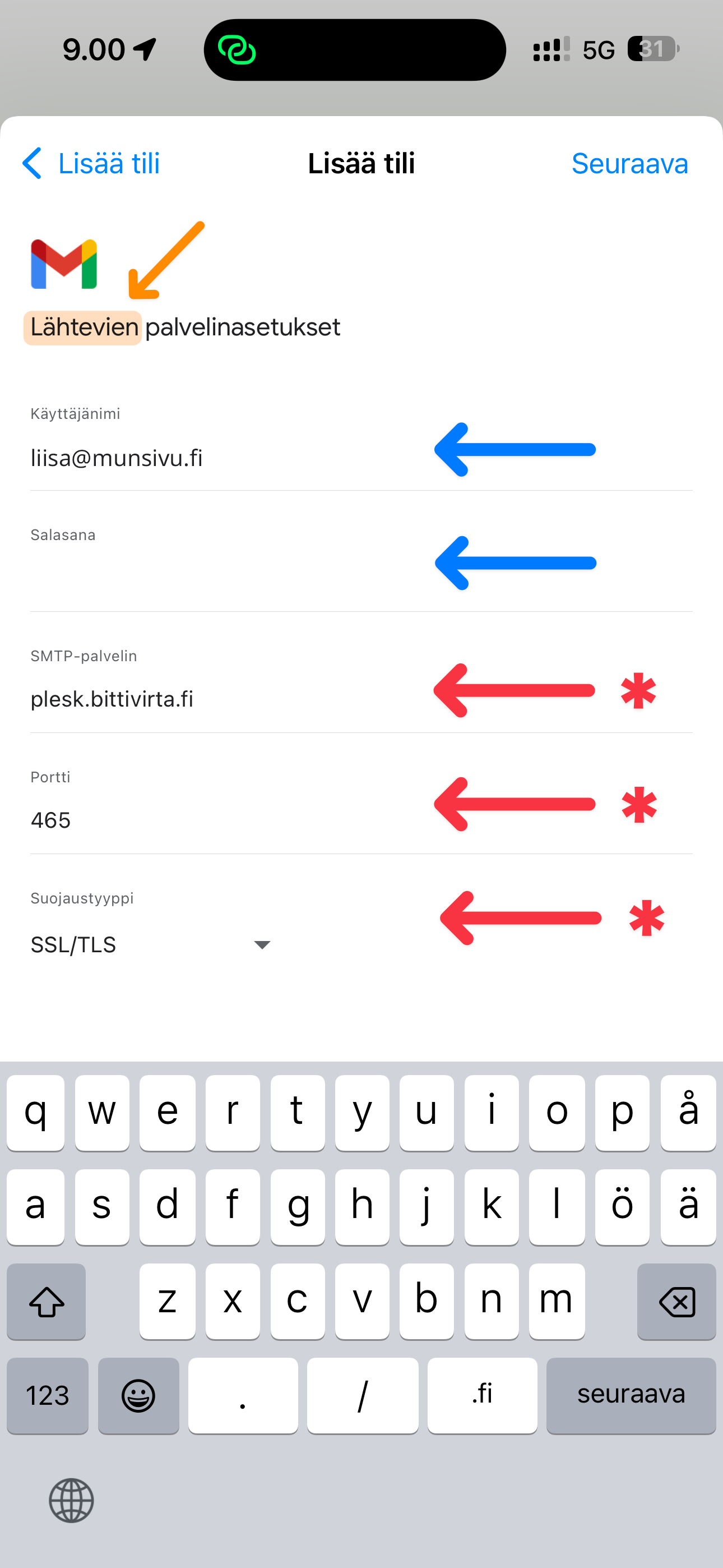 Lähtevän palvelimen tiedot