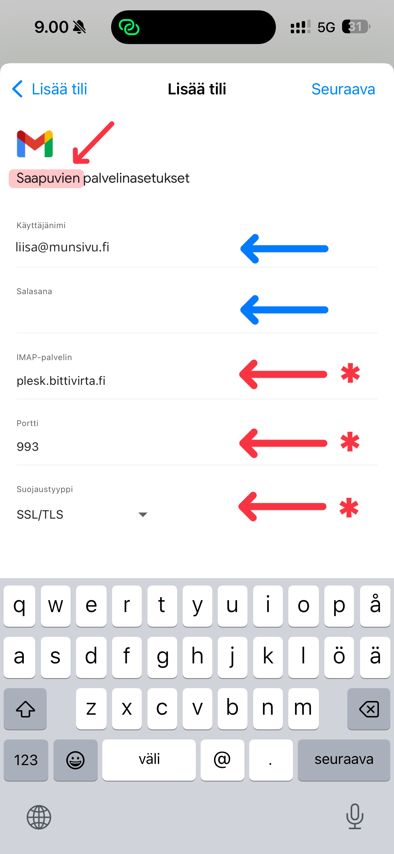 Saapuvan palvelimen tiedot