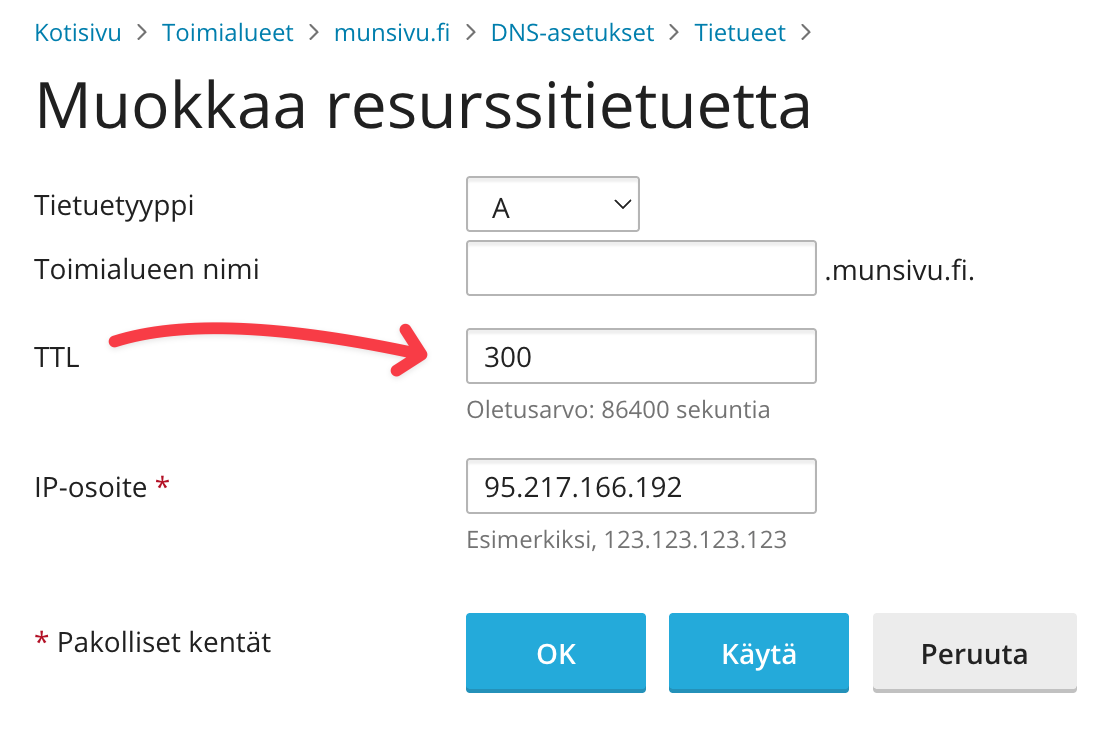 TTL-arvon asettaminen